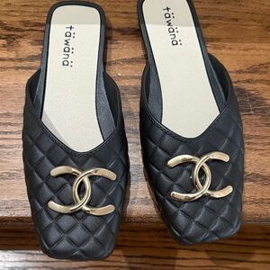 Black Quilted Slip-On Mules with Gold CC Accent